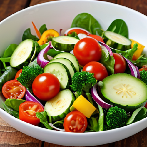 Home 15 ** A vibrant salad featuring a variety of fresh, colorful vegetables from a home garden. Focus on the freshness and appeal of the ingredients.
**