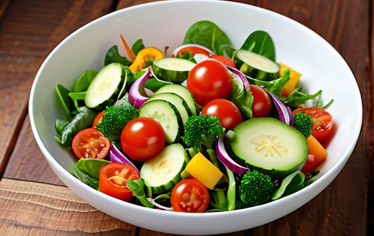 ** A vibrant salad featuring a variety of fresh, colorful vegetables from a home garden. Focus on the freshness and appeal of the ingredients.
**