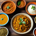 **A vibrant, colorful spread of traditional Pakistani dishes on a rustic wooden table, featuring fresh vegetables, lentils, and fragrant spices. Focus on the rich textures and colors, emphasizing the freshness of the local ingredients.**