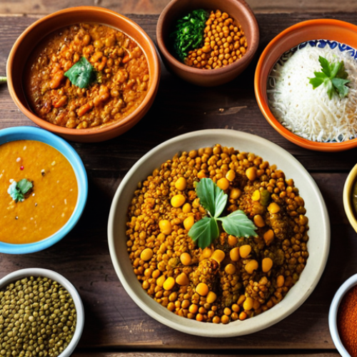 Home 14 **A vibrant, colorful spread of traditional Pakistani dishes on a rustic wooden table, featuring fresh vegetables, lentils, and fragrant spices. Focus on the rich textures and colors, emphasizing the freshness of the local ingredients.**