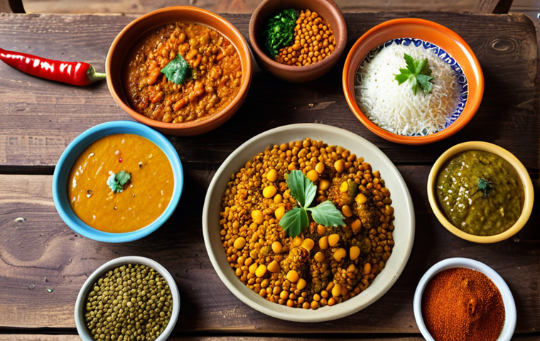 **A vibrant, colorful spread of traditional Pakistani dishes on a rustic wooden table, featuring fresh vegetables, lentils, and fragrant spices. Focus on the rich textures and colors, emphasizing the freshness of the local ingredients.**