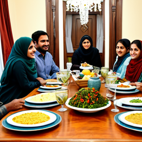Home 7 **
"A warm and inviting family dinner scene, featuring a table laden with homemade dishes. Focus on the use of fresh, local produce. Everyone is fully clothed in modest attire. The setting is a cozy, traditionally decorated Pakistani home. Safe for work, appropriate content, perfect anatomy, professional photography, high quality, family-friendly."
**