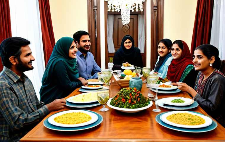 **
"A warm and inviting family dinner scene, featuring a table laden with homemade dishes. Focus on the use of fresh, local produce. Everyone is fully clothed in modest attire. The setting is a cozy, traditionally decorated Pakistani home. Safe for work, appropriate content, perfect anatomy, professional photography, high quality, family-friendly."
**