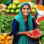 Home 11 로컬푸드 재료를 활용한 크리에이티브 요리 - **A vibrant local Pakistani market scene, celebrating fresh, seasonal produce.**
A cheerful fema...