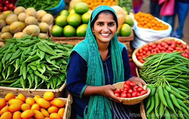 로컬푸드 재료를 활용한 크리에이티브 요리 - **A vibrant local Pakistani market scene, celebrating fresh, seasonal produce.**
    A cheerful fema...