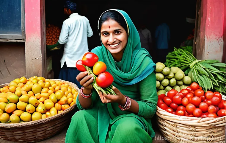 로컬푸드 재료를 활용한 크리에이티브 요리 - **A vibrant local Pakistani market scene, celebrating fresh, seasonal produce.**
    A cheerful fema...