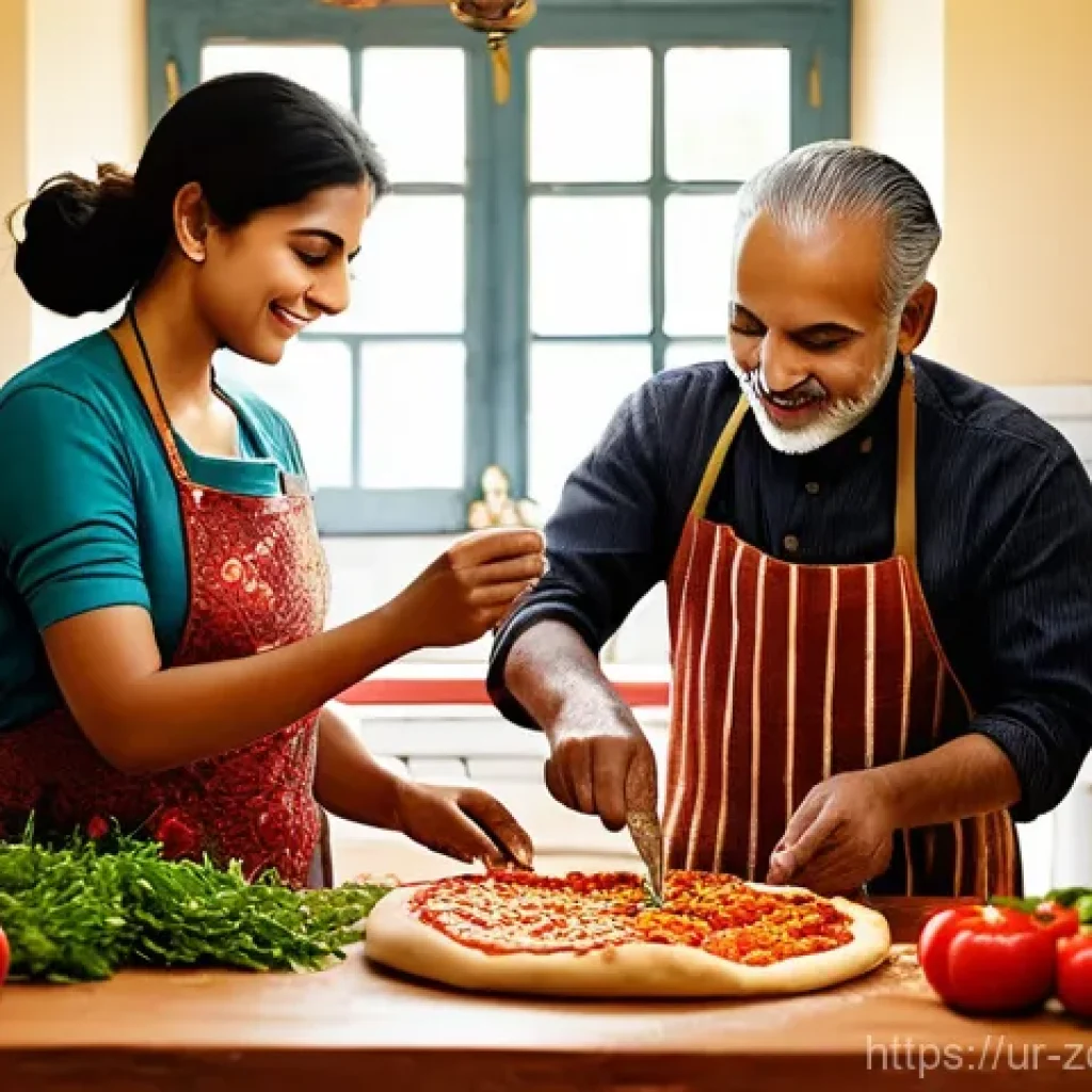 로컬푸드 재료로 만드는 DIY 피자 - **A warm, inviting kitchen scene showcasing a family making pizza together, emphasizing the use of f...