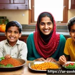 Home 13 로컬푸드 재료로 만드는 기초 요리법 - **Image Prompt 1: The Abundance of Local Harvest**
A cheerful South Asian mother, dressed in a m...