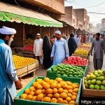 Home 23 로컬푸드를 활용한 스무디 레시피 - A vibrant and colorful local market scene in Pakistan, featuring fresh seasonal fruits like mangoes,...