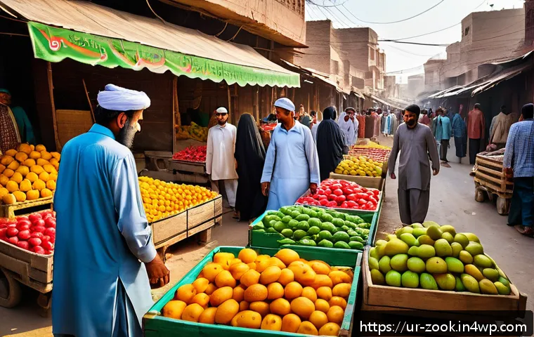 로컬푸드를 활용한 스무디 레시피 - A vibrant and colorful local market scene in Pakistan, featuring fresh seasonal fruits like mangoes,...