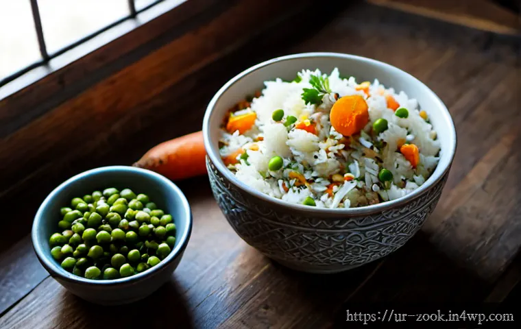 Home 17 로컬푸드로 즐기는 1인분 요리 아이디어 - Photorealistic overhead kitchen scene of a single serving of Pakistani local-food vegetable pulao in...